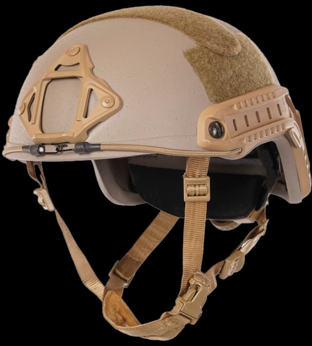 Front view of tan Special Force helmet featuring NVG shroud, side rails, and adjustable chin straps.