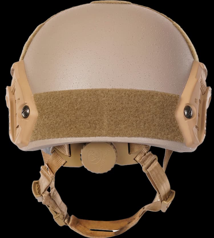 Rear view of tan Special Force helmet showing adjustment dial, Velcro patch areas, and side rails.q