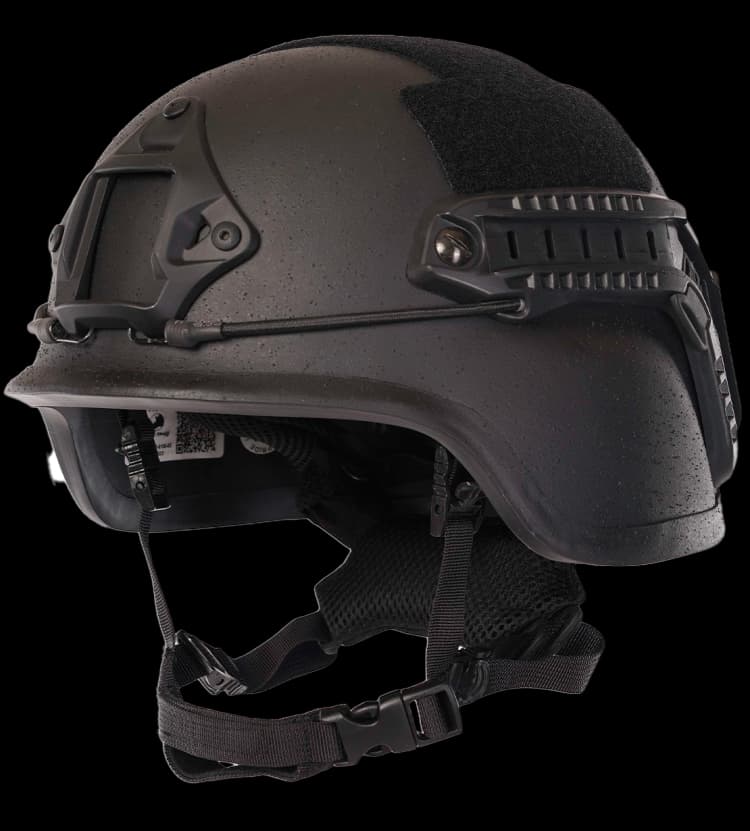 Angled side view of black PASGT Helmet with front shroud and chin strap ballistic helmet