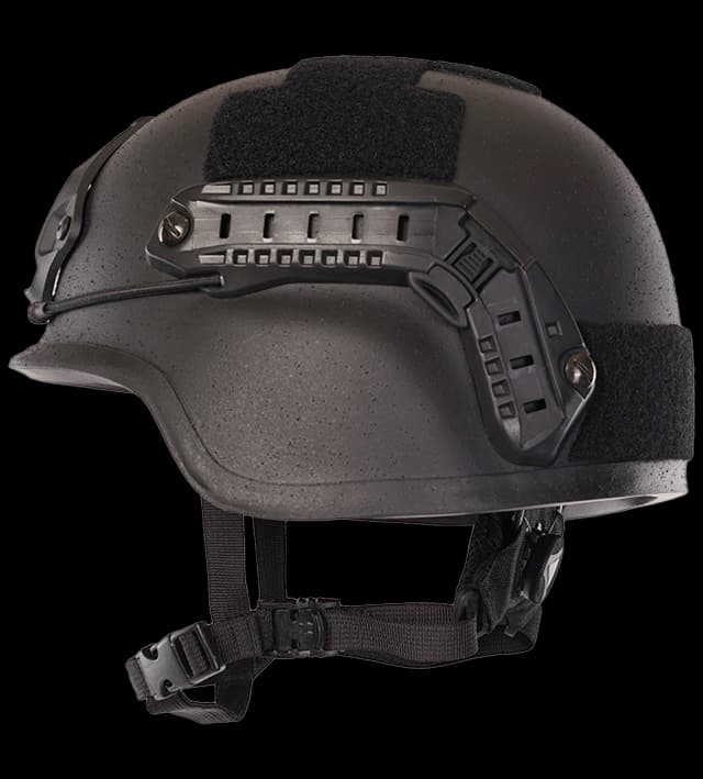 Black PASGT Helmet side view with rails and velcro panels tactical combat helmet