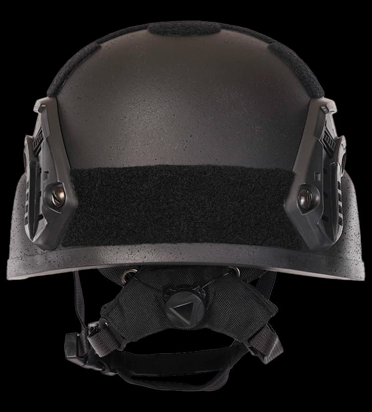 Rear view of black PASGT Helmet with adjustable strap and side rail mounts tactical gear