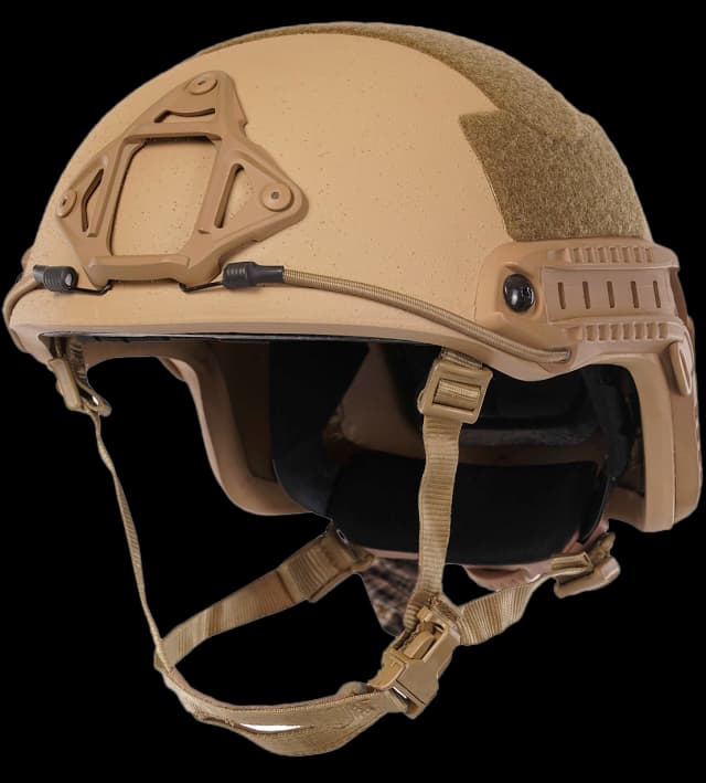 Tan RAPS Helmet with rail mounts and front shroud for tactical accessories side view tactical combat helmet