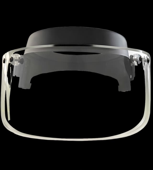 Clear ballistic helmet visor with black mounting frame for facial protection during tactical operations.