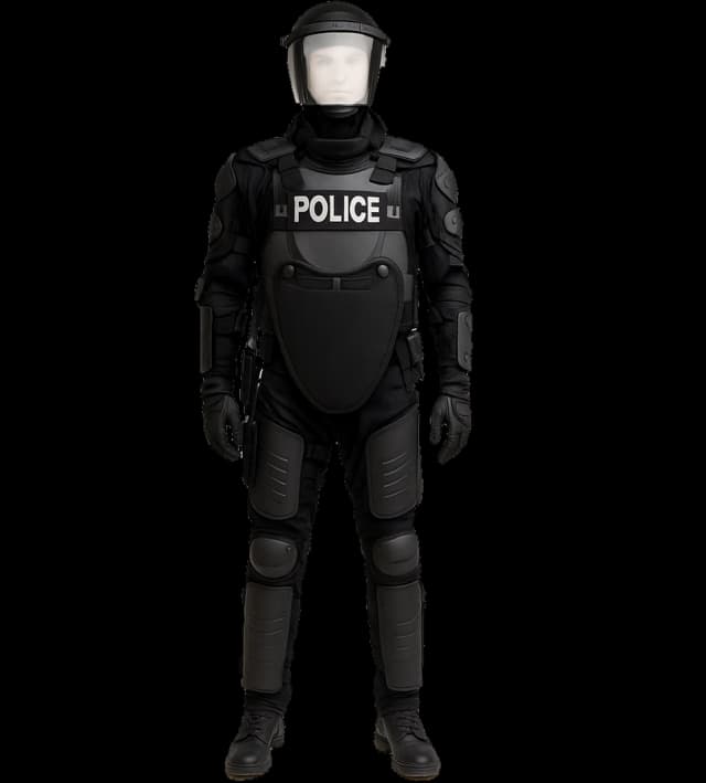 Hard Shell black police riot control suit providing full-body protection with chest and leg guards.