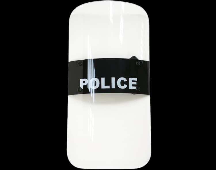 Front view of Hard Shell transparent Police Riot Shield with black grip panel and POLICE marking.