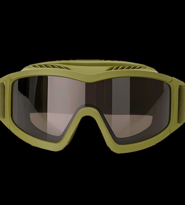 Front view of green ballistic goggles with dark tinted lenses and ventilation design.