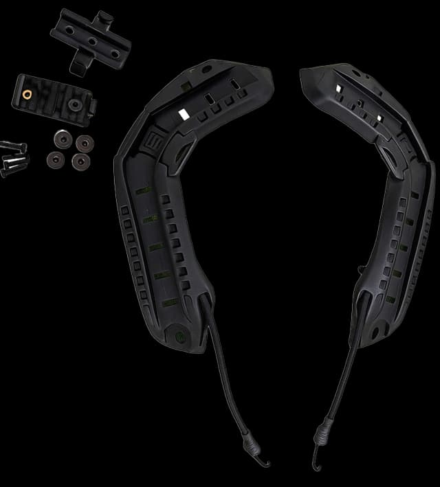 Picatinny quick-release rail adapter set with two curved helmet rails, mounting hardware, and accessory clips.