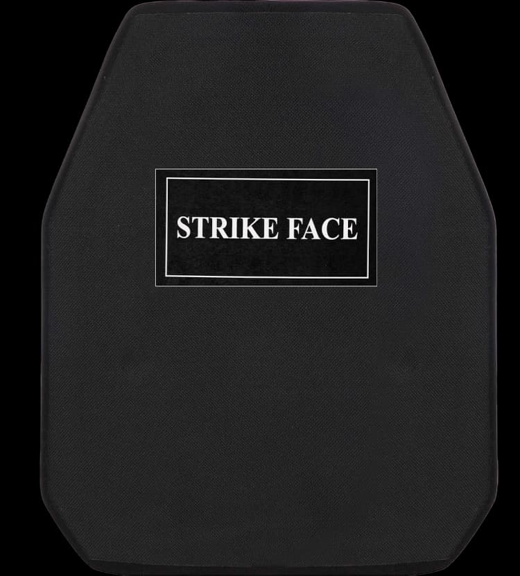 Black RhinoCore RF2 hard armor plate with a centered “STRIKE FACE” label, shown upright to display its protective strike-face surface.