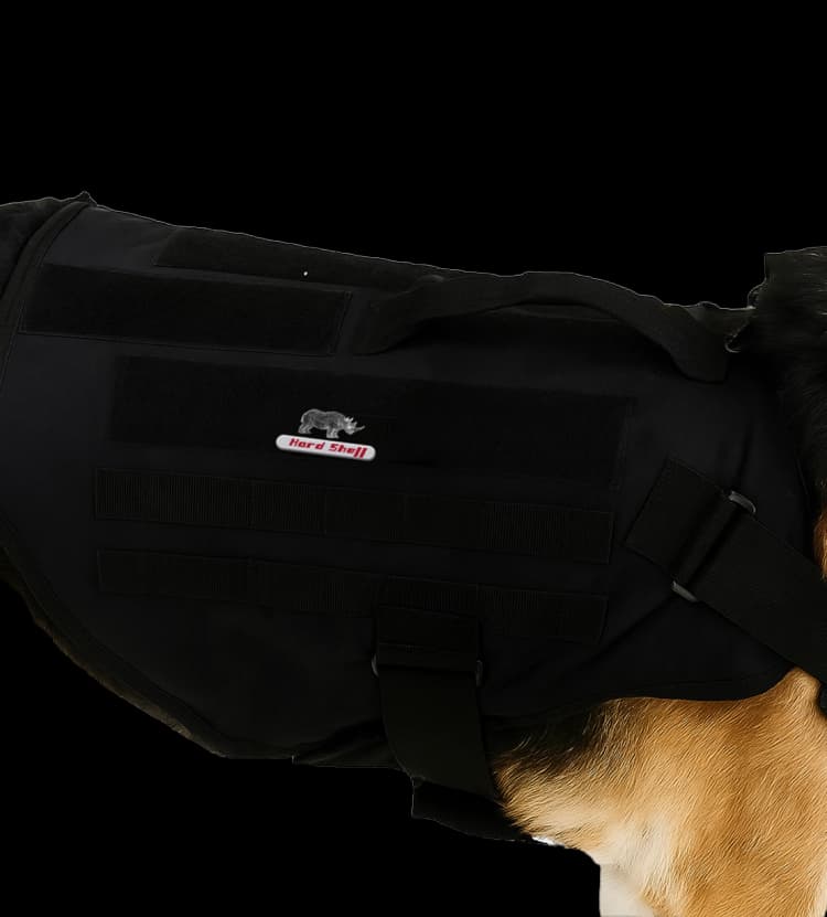 Close-up side view of Hard Shell K9 Ballistic Vest showing durable straps and reinforced ballistic material.