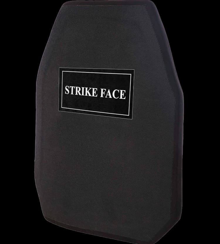 RhinoCore RF2 hard armor plate angled view with Strike Face label.