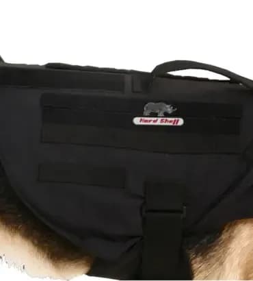 Side profile of Hard Shell K9 Ballistic Vest designed for police and military dogs with secure adjustable straps.