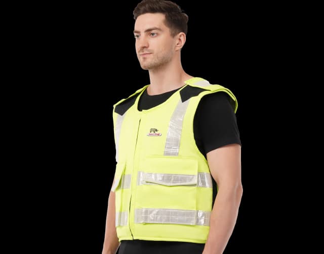 Model wearing a Hi-Viz yellow safety jacket with reflective silver strips, designed for high visibility at work.