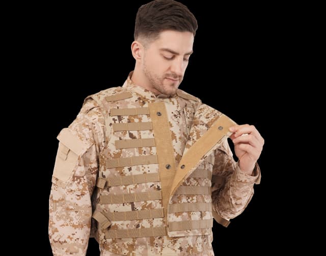 Man wearing a tan digital camouflage Front Opening MOLLE Protector Vest, showing adjustable front panel for tactical protection.