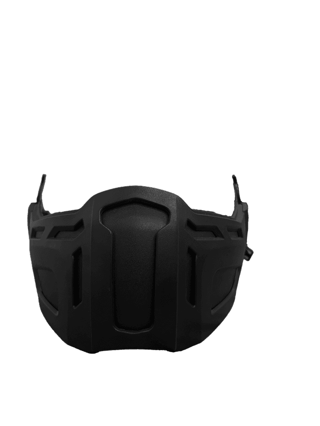 Front view of a black tactical mandible guard with vented design for helmet mounting.