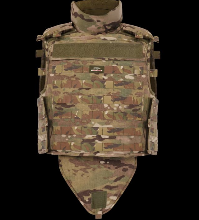 Front view of Hard Shell Tactical Guardian Vest featuring MOLLE webbing and full-body ballistic protection.