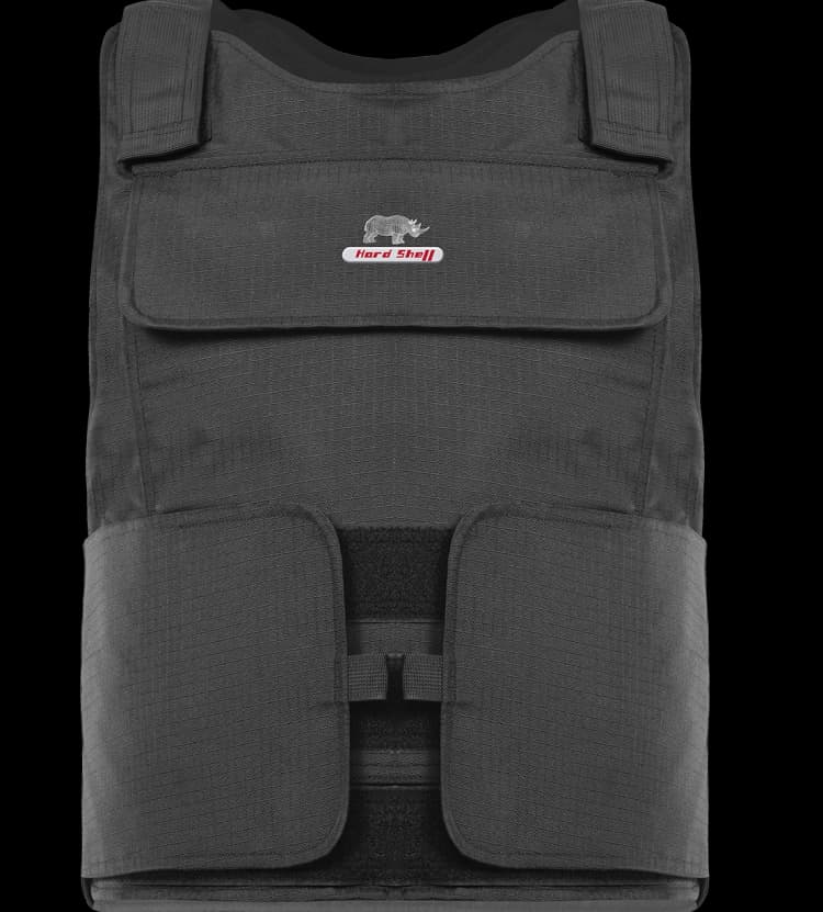 Front view of Hard Shell black multi-purpose vest showing protective panels and secure front straps.