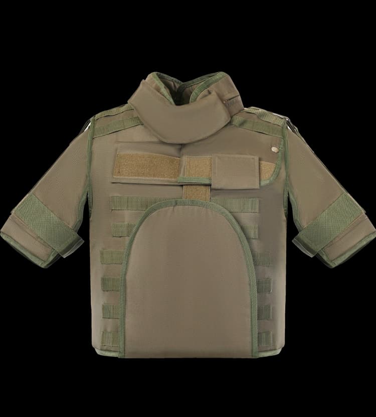 Front view of Hard Shell olive green Rescuer Vest featuring full-body ballistic protection with neck, shoulder, and groin guards for tactical safety.