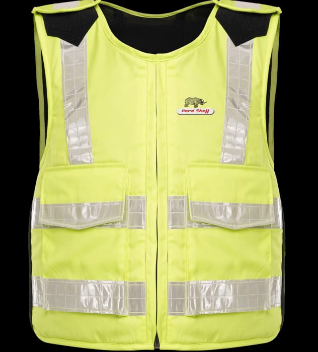 High-visibility Hi-Viz Jacket with reflective silver strips and “Hard Shell” logo featuring a rhino, designed for construction or road safety.