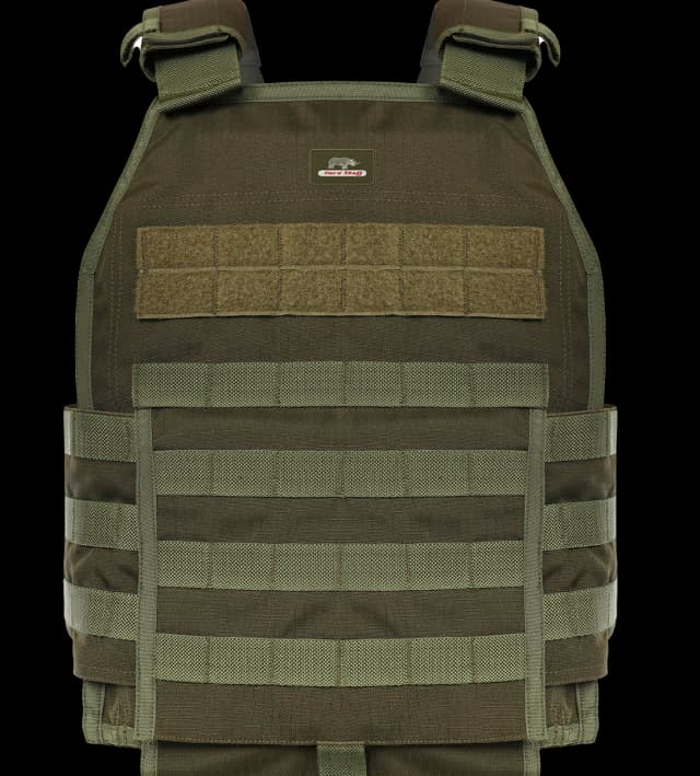 Front view of Hard Shell Plate Carrier Vest - Slick II with MOLLE webbing and Hard Shell logo patch.