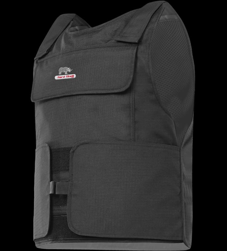 Side view of Hard Shell black multi-purpose vest highlighting adjustable straps and durable design.