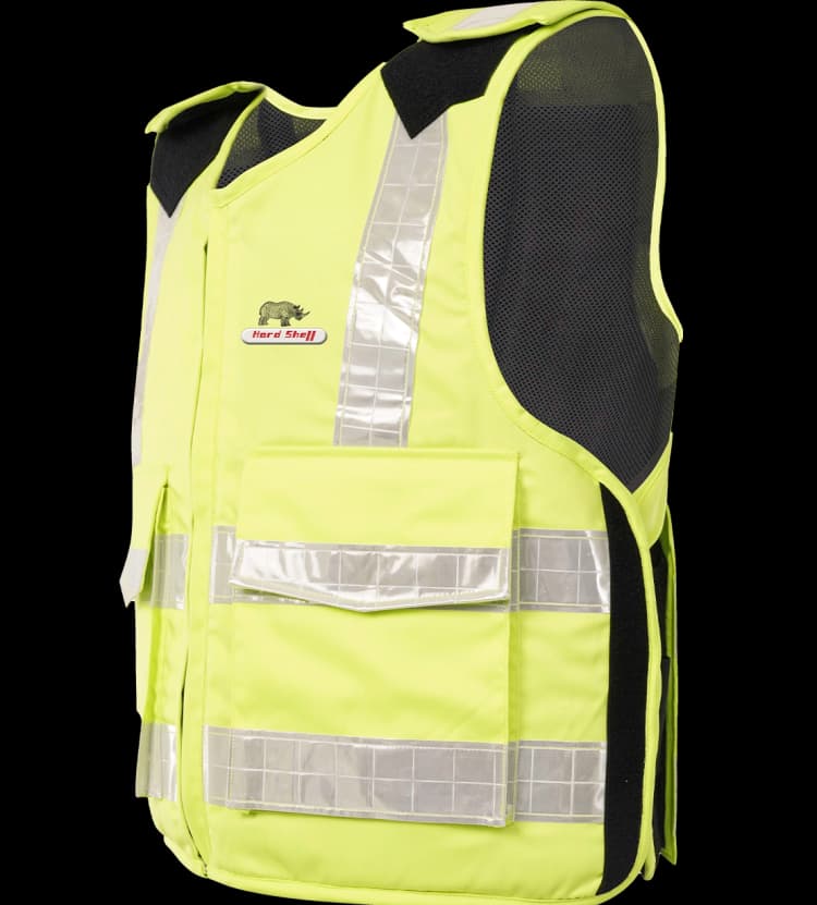 Side view of a Hi-Viz Jacket with reflective silver strips and “Hard Shell” logo featuring a rhino, ideal for construction safety