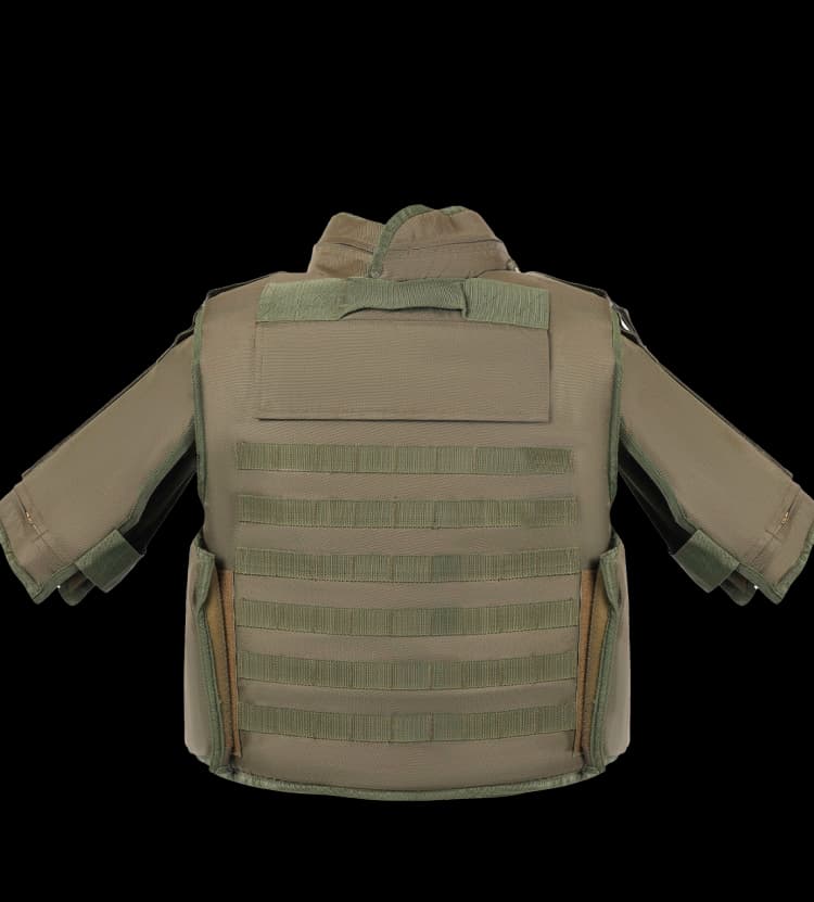 Back view of Hard Shell olive green Rescuer Vest with MOLLE webbing and reinforced panels for enhanced ballistic protection and tactical performance.