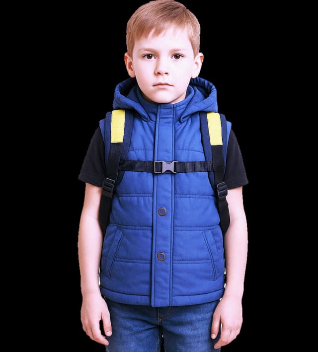 Young boy wearing a blue Steller Vest with hood and front buttons, paired with jeans and a yellow-strap backpack.