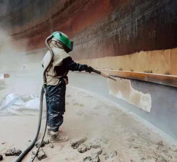 Worker in protective gear performing abrasive sandblasting on a large industrial metal tank surface.