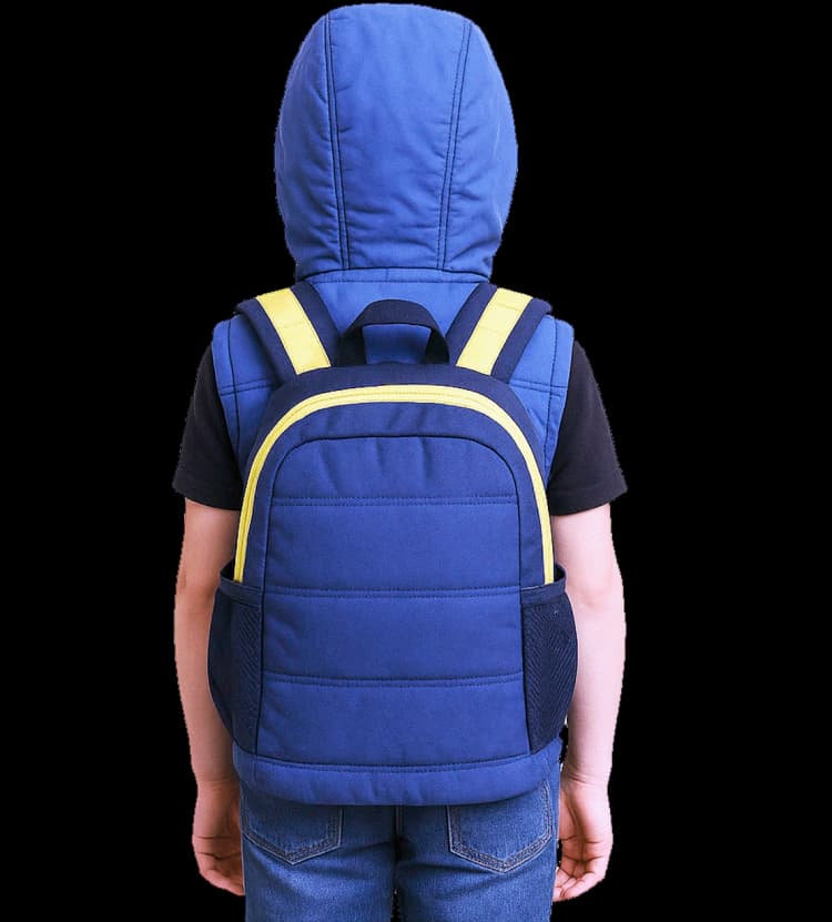 Back view of a young boy wearing a blue Steller Vest with hood and a matching blue backpack featuring yellow straps.