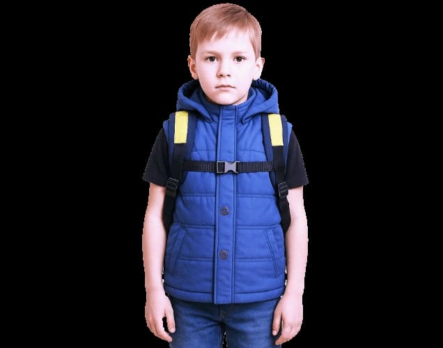 Young boy wearing a blue Steller Vest with hood and front pockets, carrying a yellow-strap backpack.
