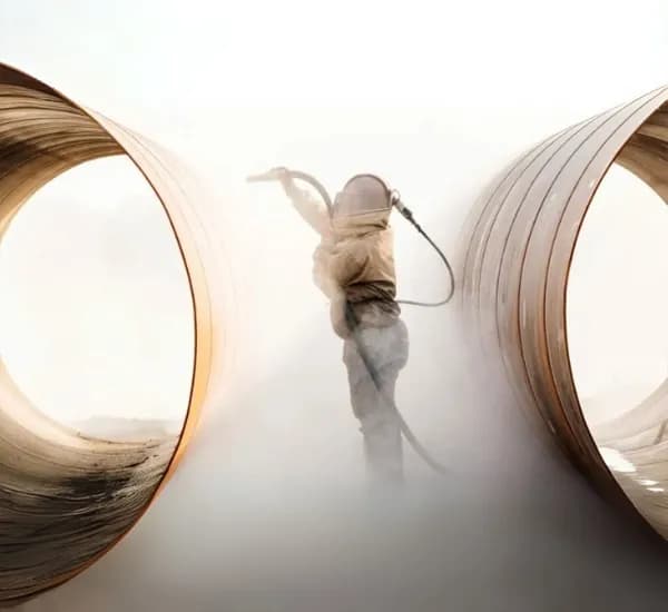 Worker in protective gear sandblasting large steel pipes for industrial surface preparation.