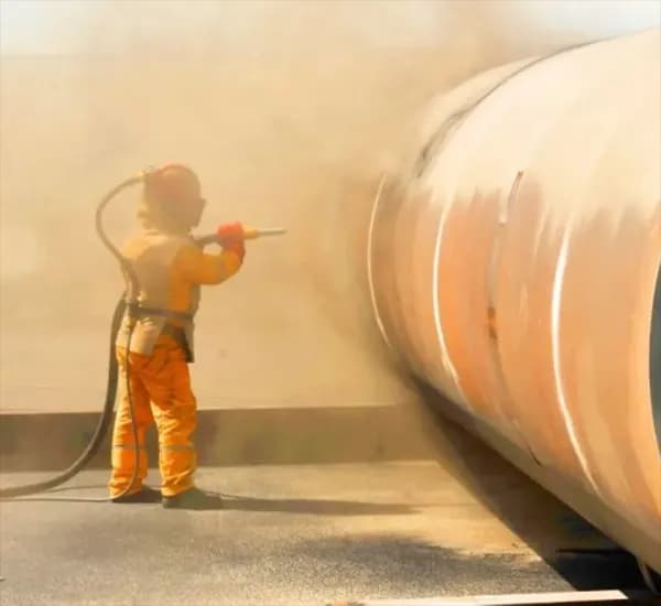 Worker performing sandblasting on a large metal tank to remove rust and surface impurities for coating preparation.