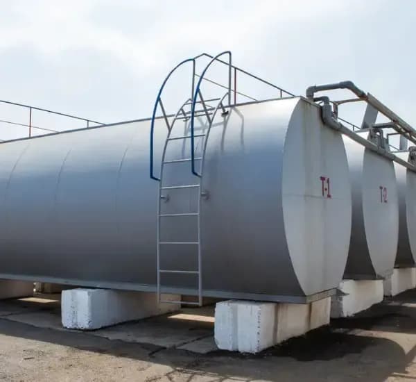 Large industrial fuel storage tanks with access ladders and connected pipelines at a facility.