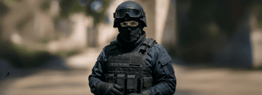 Tactical police officer wearing black ballistic vest, helmet, and goggles for law enforcement and urban security operations.