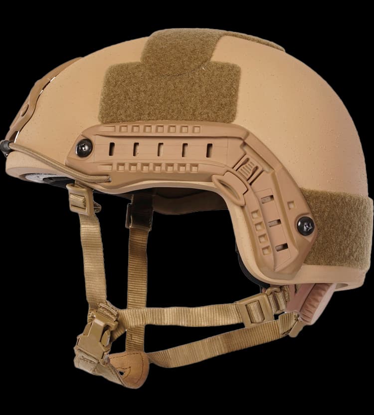 Tan RAPS Helmet with side rails and velcro panels side profile ballistic protection helmet
