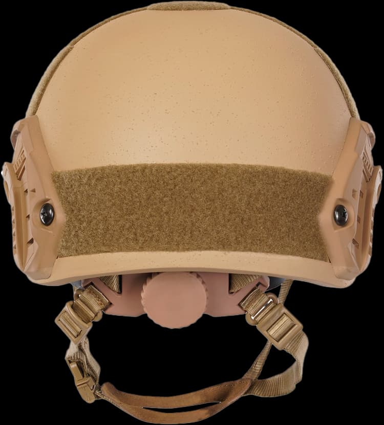 Rear view of tan RAPS Helmet with velcro patch adjustable strap and rail mounts tactical gear