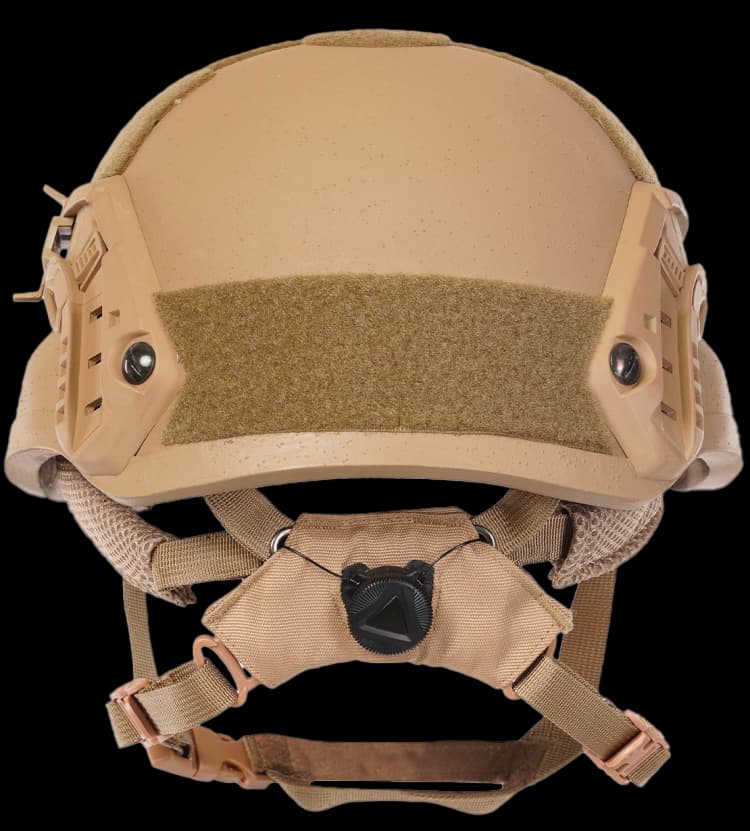 Rear view of tan mid-cut tactical helmet featuring Velcro panel, side rails, and adjustable chin strap system.