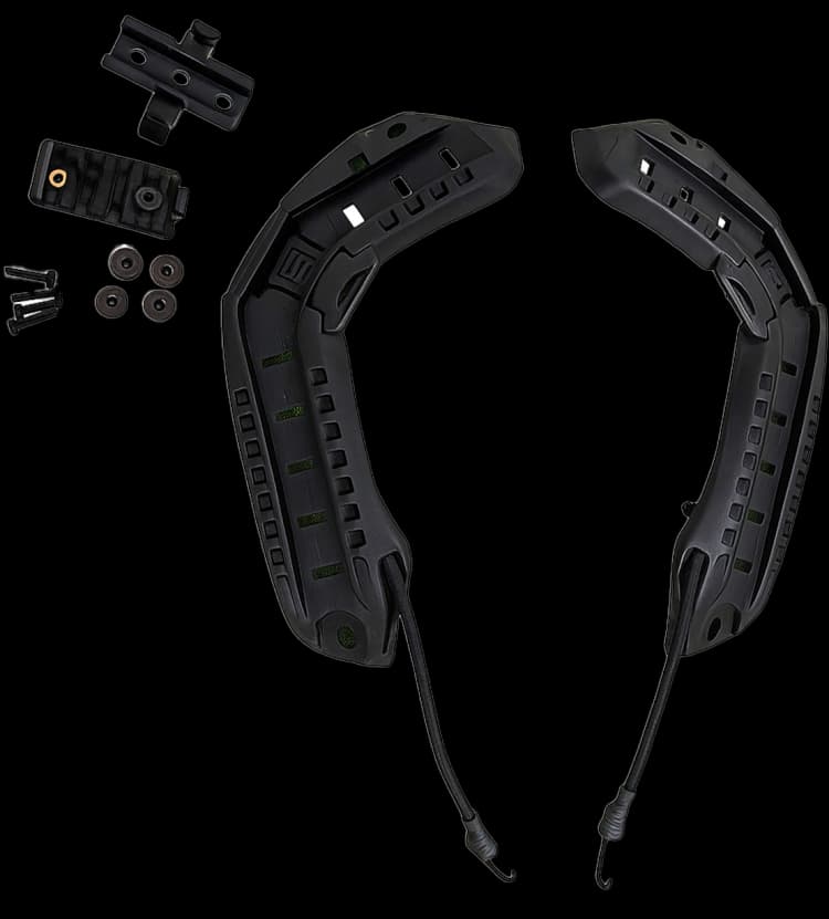 Picatinny quick-release rail adapter set with two curved helmet rails, mounting hardware, and accessory clips.