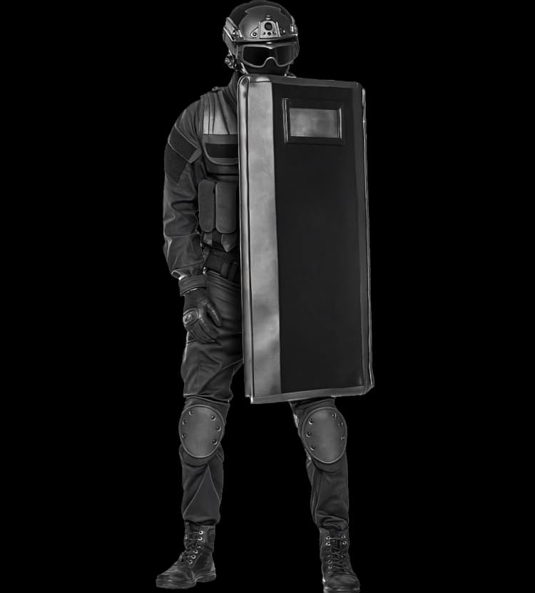 Front view of ballistic protection shield by Hard Shell featuring viewport and durable surface.