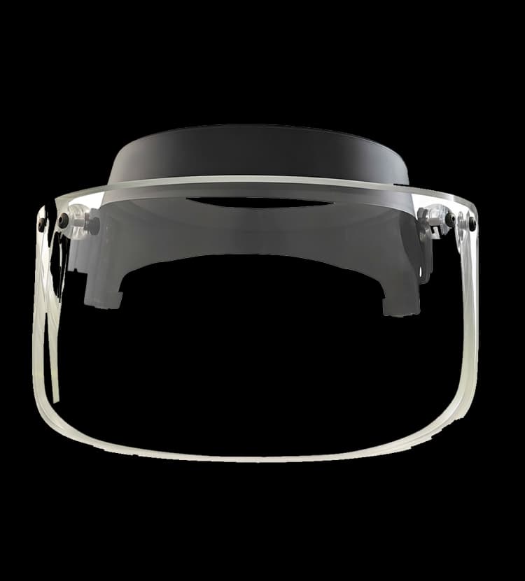 Ballistic helmet visor featuring a clear impact-resistant shield with black adjustable mounting for tactical safety.