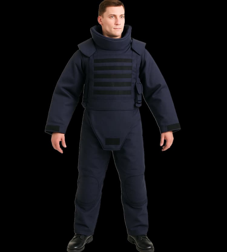 Model wearing a navy demining suit with high neck guard and full-body blast protection panels.