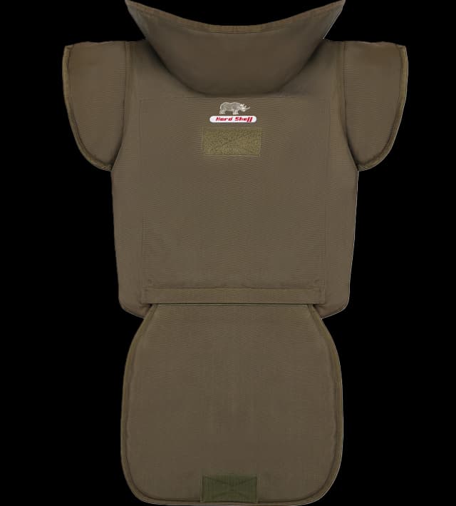 Man wearing Hard Shell olive green demining suit with high neck and extended groin protection for blast safety.