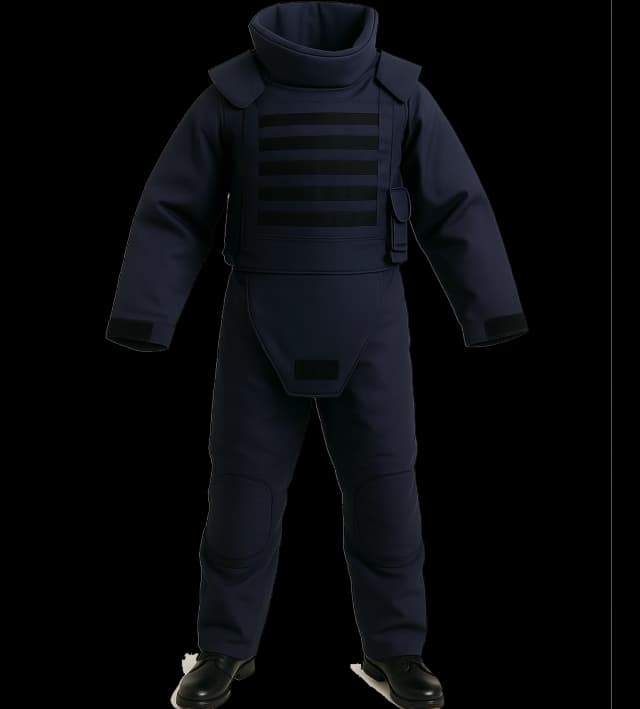 Navy demining suit displayed from the front, featuring thick blast-resistant padding and full-body coverage.