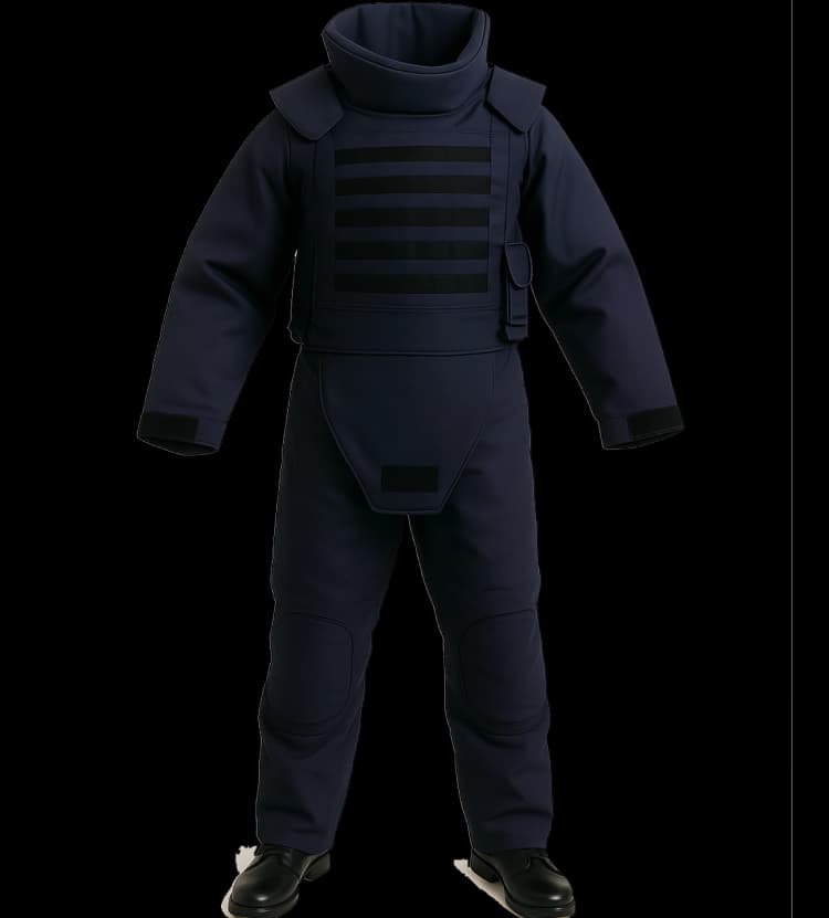 Navy demining suit displayed from the front, featuring thick blast-resistant padding and full-body coverage.