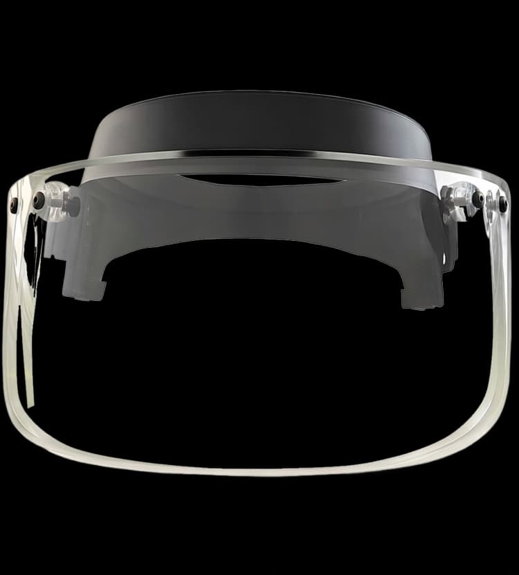 Clear ballistic helmet visor with black mounting frame for facial protection during tactical operations.