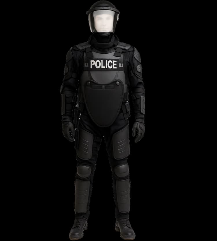 Hard Shell black police riot control suit providing full-body protection with chest and leg guards.