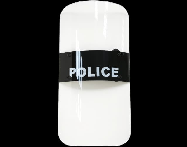 Front view of Hard Shell transparent Police Riot Shield with black grip panel and POLICE marking.