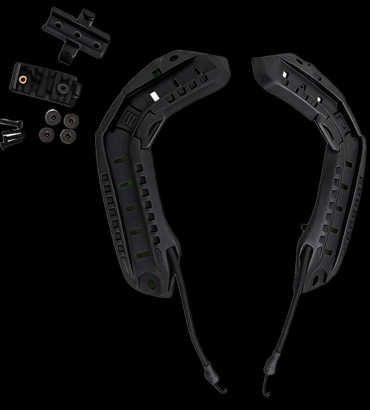 Picatinny quick-release rail adapter set with two curved helmet rails, mounting hardware, and accessory clips.