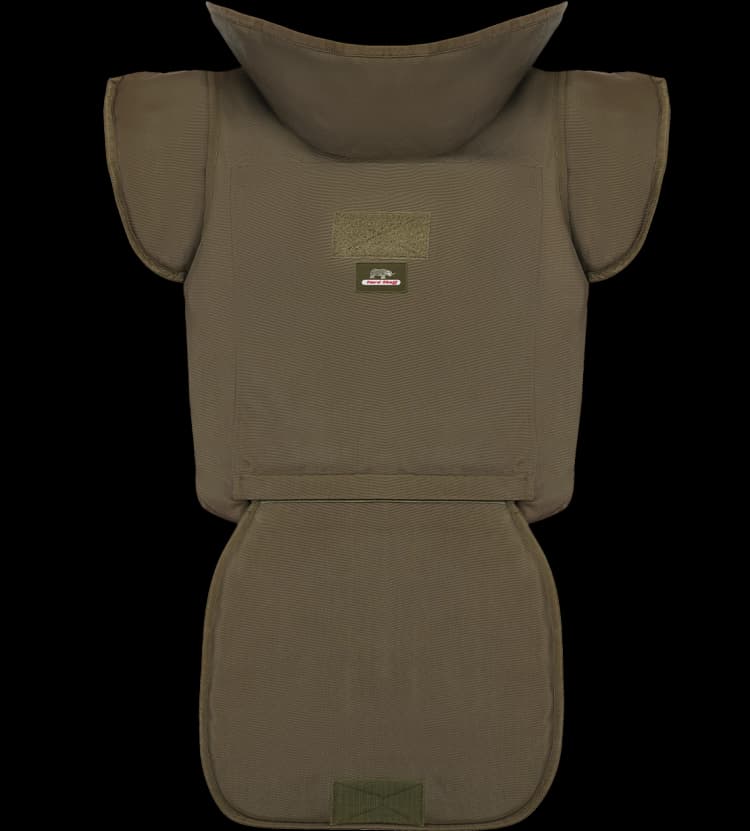 Olive-green demining vest displayed from the front, featuring high neck guard and full-body blast protection panels.