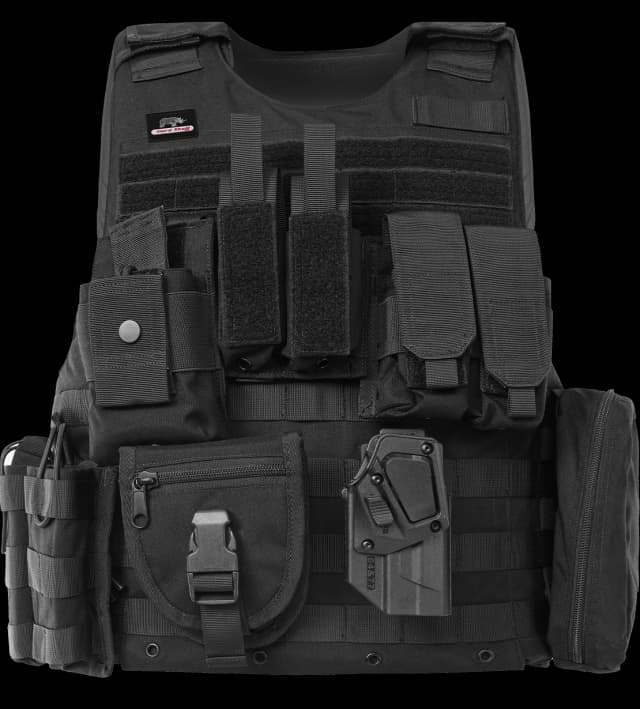 Hard Shell Tactical Carrier – MRAP vest front view with MOLLE webbing, multiple magazine pouches, accessory pockets, and holster attachment.